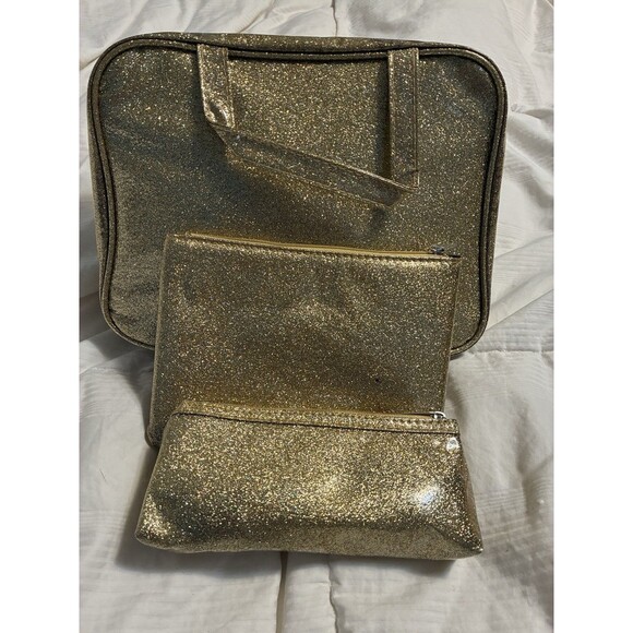 Pretty 3 Piece Make-up Bag Set Gold Glittery Pouch Cosmetic - Picture 2 of 16